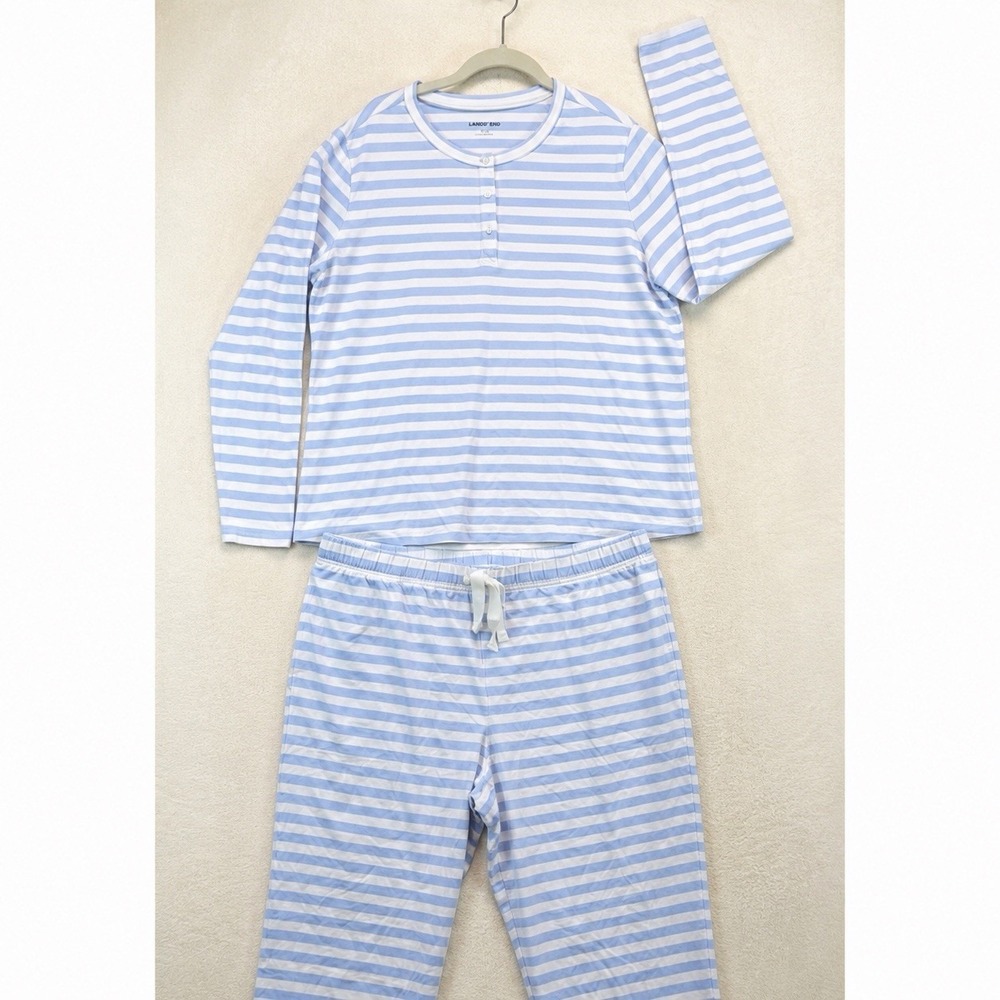 Lands' End Womens Pajama Set L 14-16 Cotton Stretch Blue Stripe Long Sleeve